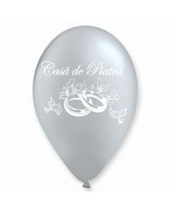 Balon latex silver, inscriptionat "Casa de piatra", 28 cm, cod GMI.CP.SILVER