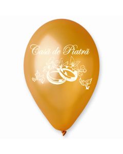 Balon latex gold, inscriptionat "Casa de piatra", 28 cm, cod GMI.CP.GOLD